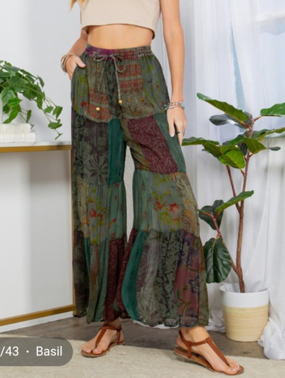 Young Threads Retro Revival Flared Boho Patchwork Pants – Basil - Picture 4 of 6
